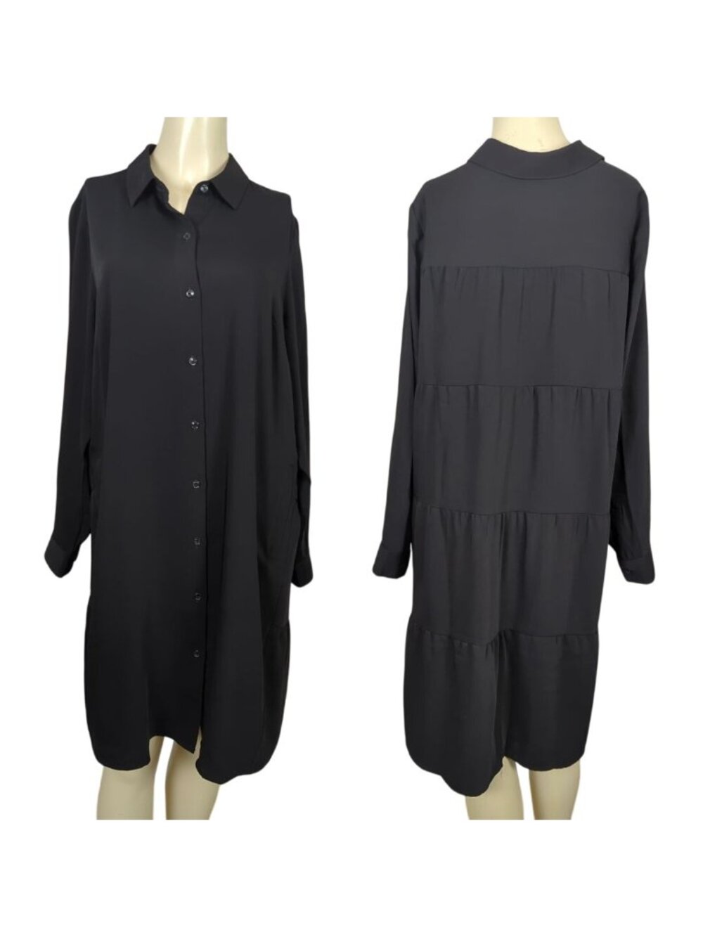 J. Jill Wearever Collection Black Shirt Dress M Button Front Ruffle Tiered Back - Picture 2 of 16